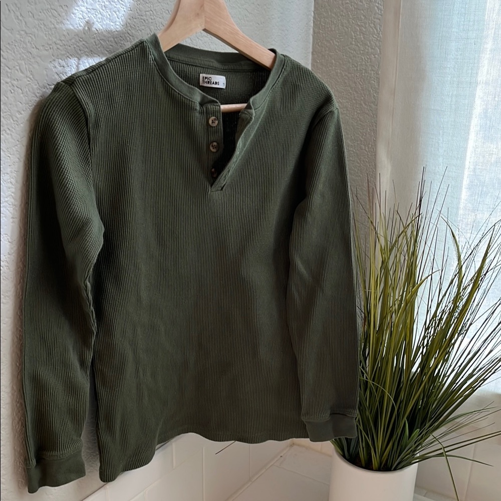 Olive Green Long Sleeve Henley Shirt